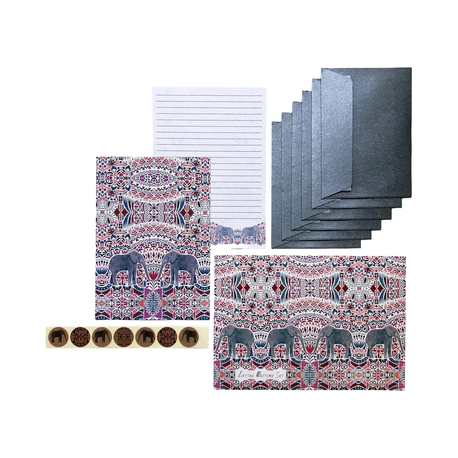 Stationery items including notebooks, paper, and stickers with elephant designs on a white background.
