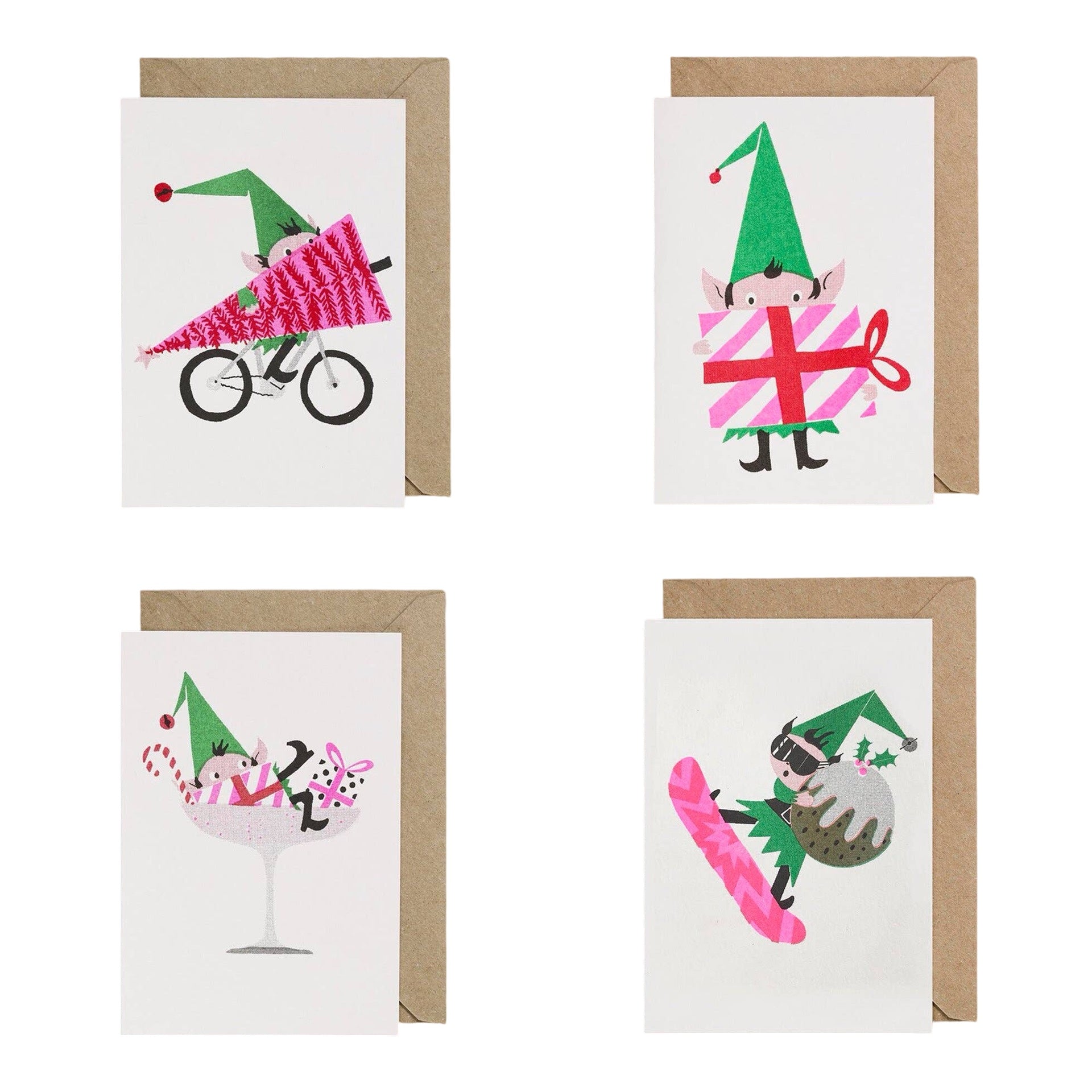 4 Christmas cards featuring an elf in a green hat, 1 cycling, 1 holding a giant present, 1 lying in a cocktail glass and 1 snow boarding