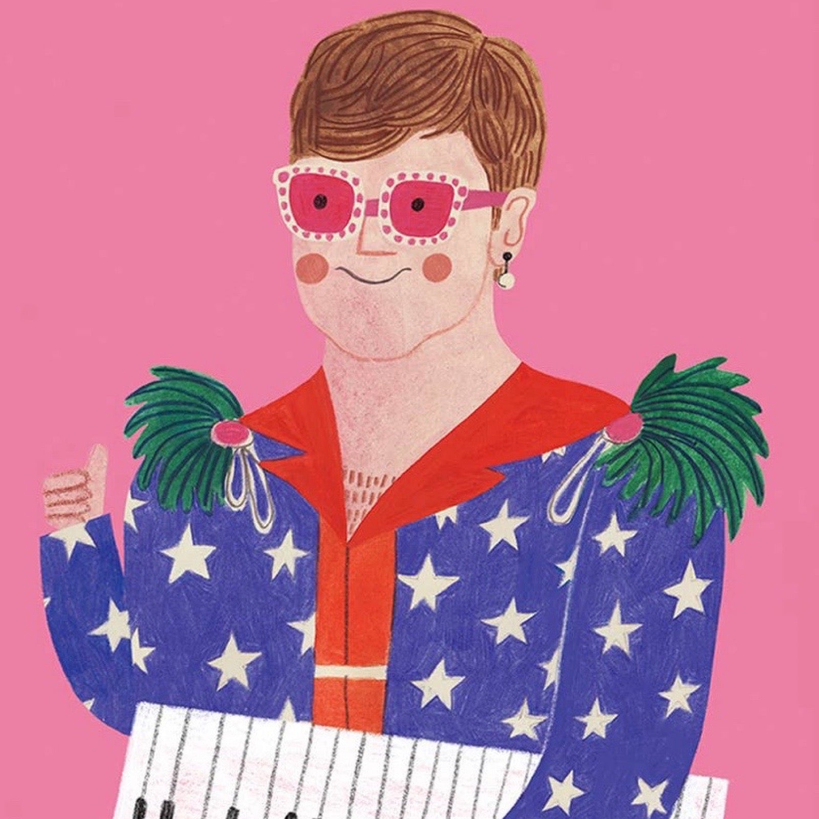 Card with a colourful illustration of a person wearing sunglasses and a stars outfit, on a pink background.