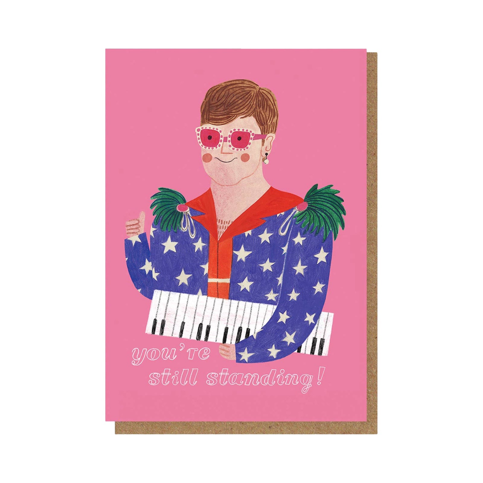 Card with a colourful illustration of a person wearing sunglasses and a stars outfit, on a pink background.