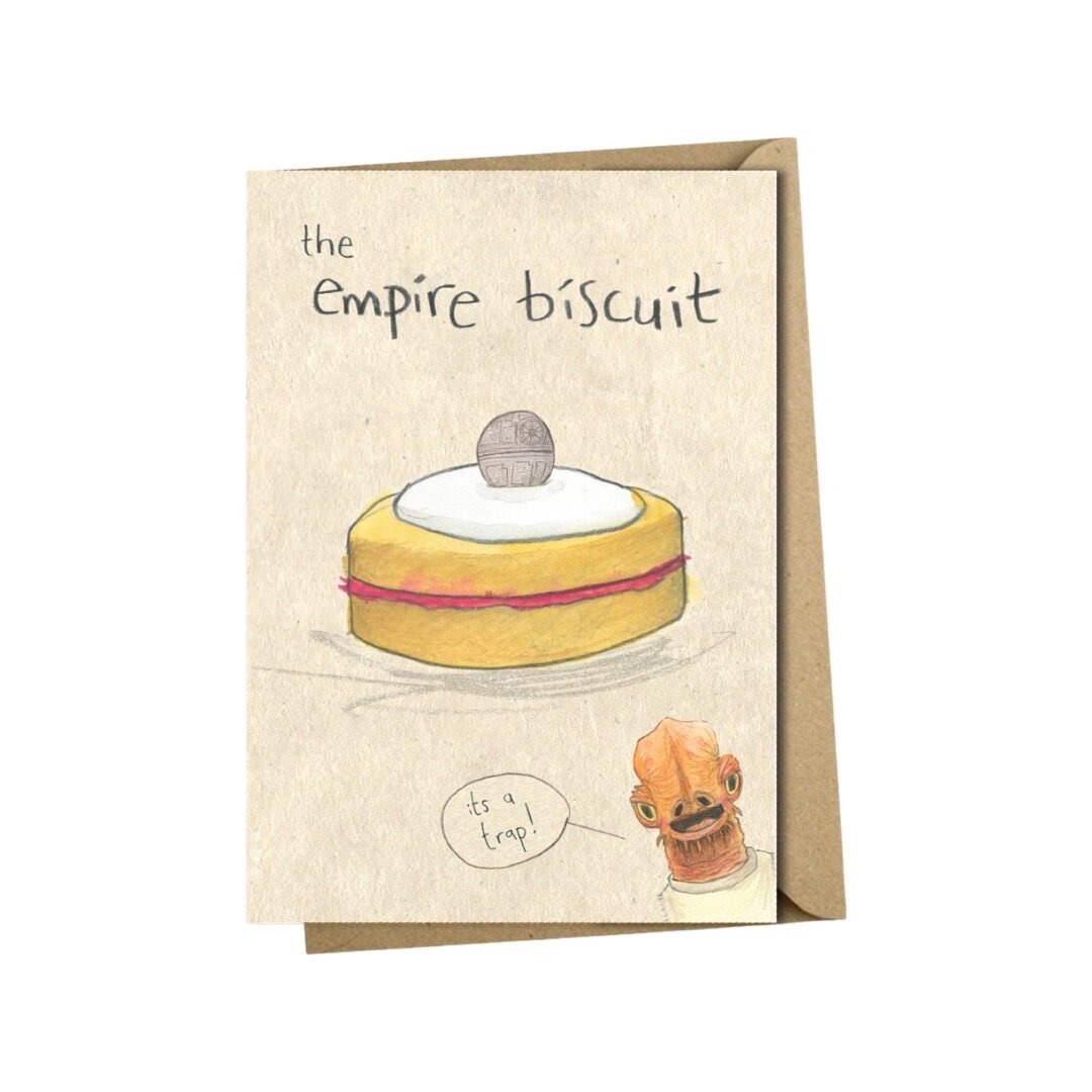 Empire biscuit card featuring an illustration of an empire biscuit, Admiral Akbar and a hidden Deathstar.