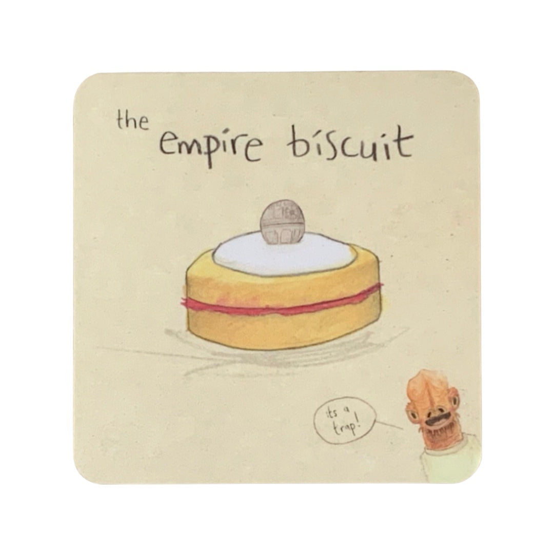 'The Empire Biscuit' coaster featuring an illustration of an empire biscuit, Admiral Akbar and a hidden Deathstar.