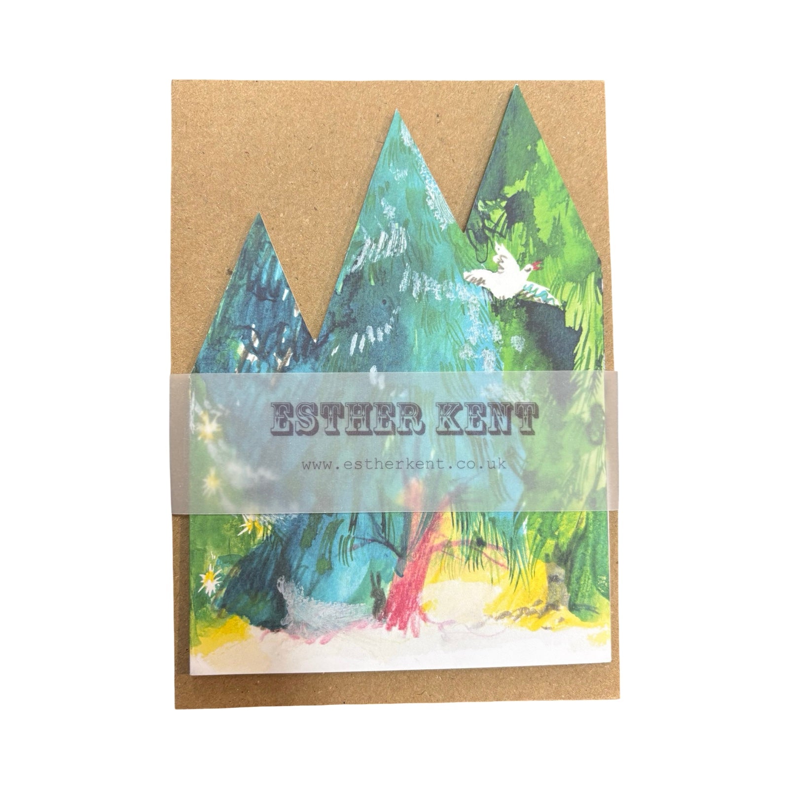 A concertina card open showing a forest with trees in shades of green and snow on the ground.