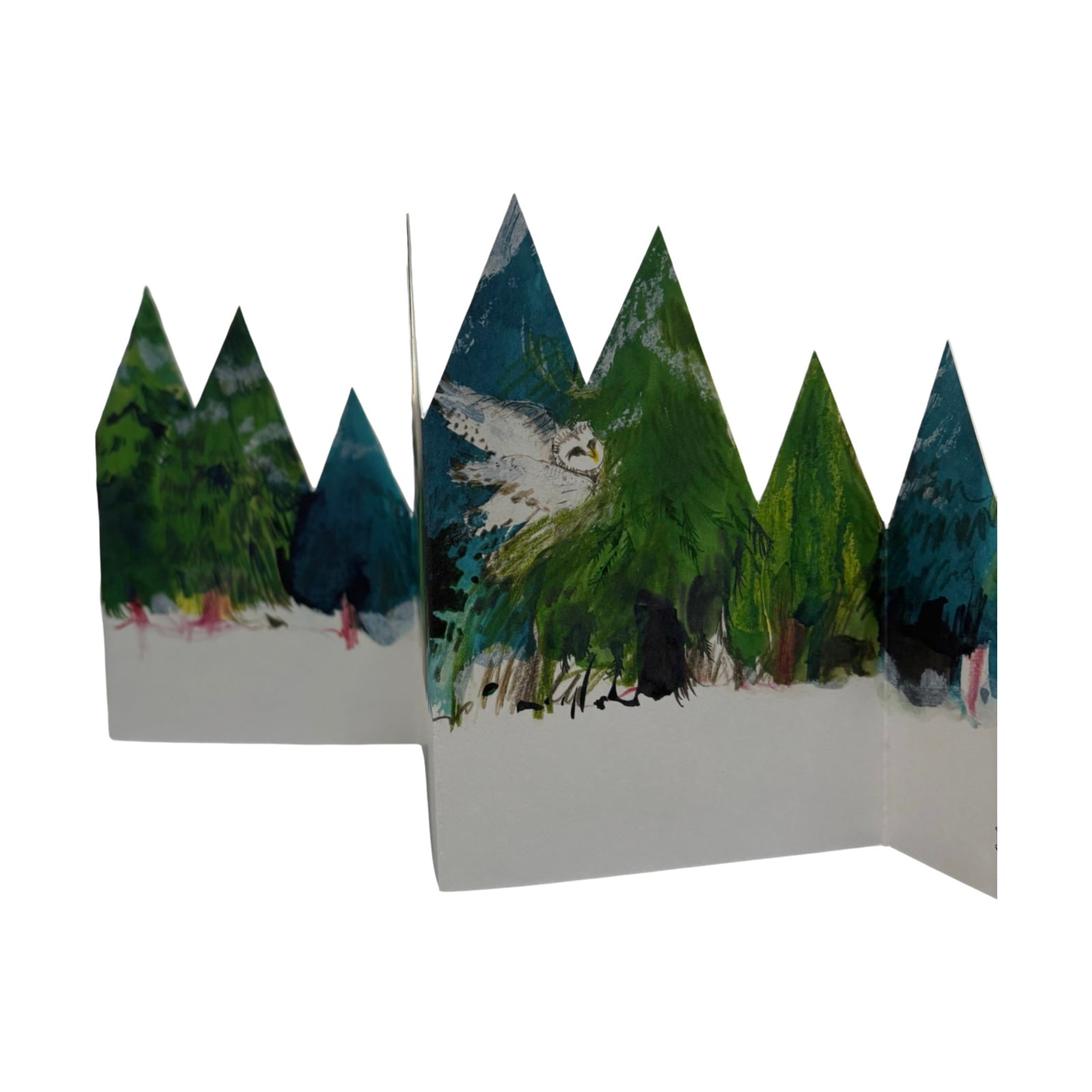 A concertina card open showing a forest with trees in shades of green and snow on the ground.