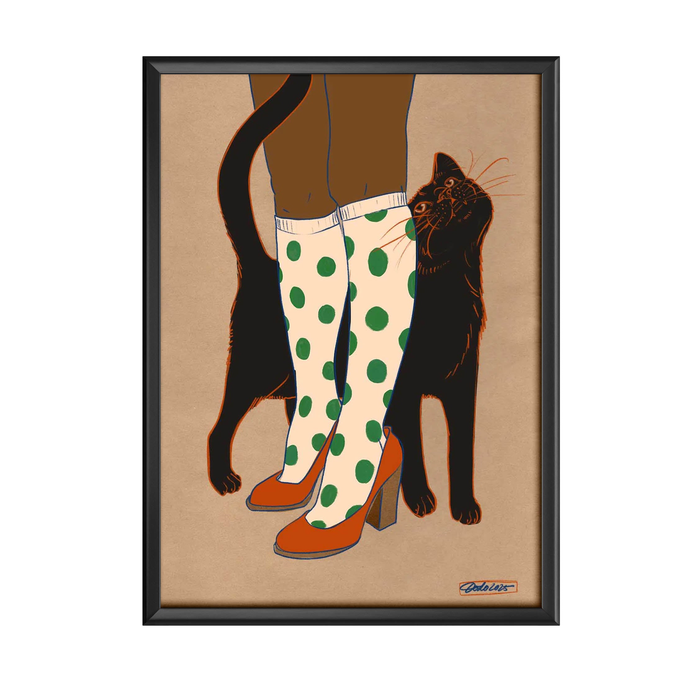 Framed artwork of a person wearing polka dot socks with cats on a beige background.