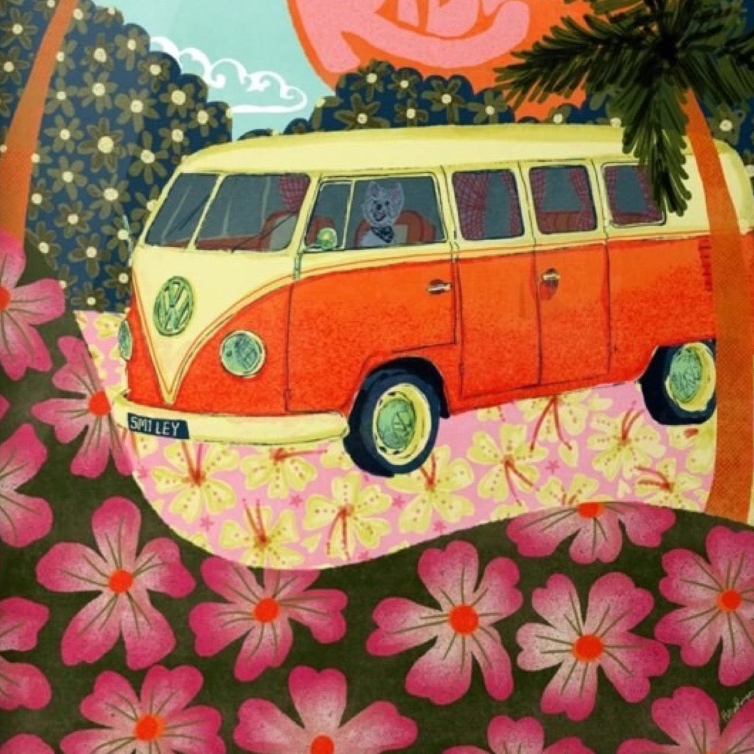 Print featuring an illustration of a vintage VW cream and orange campervan surrounded by hills and palm trees.