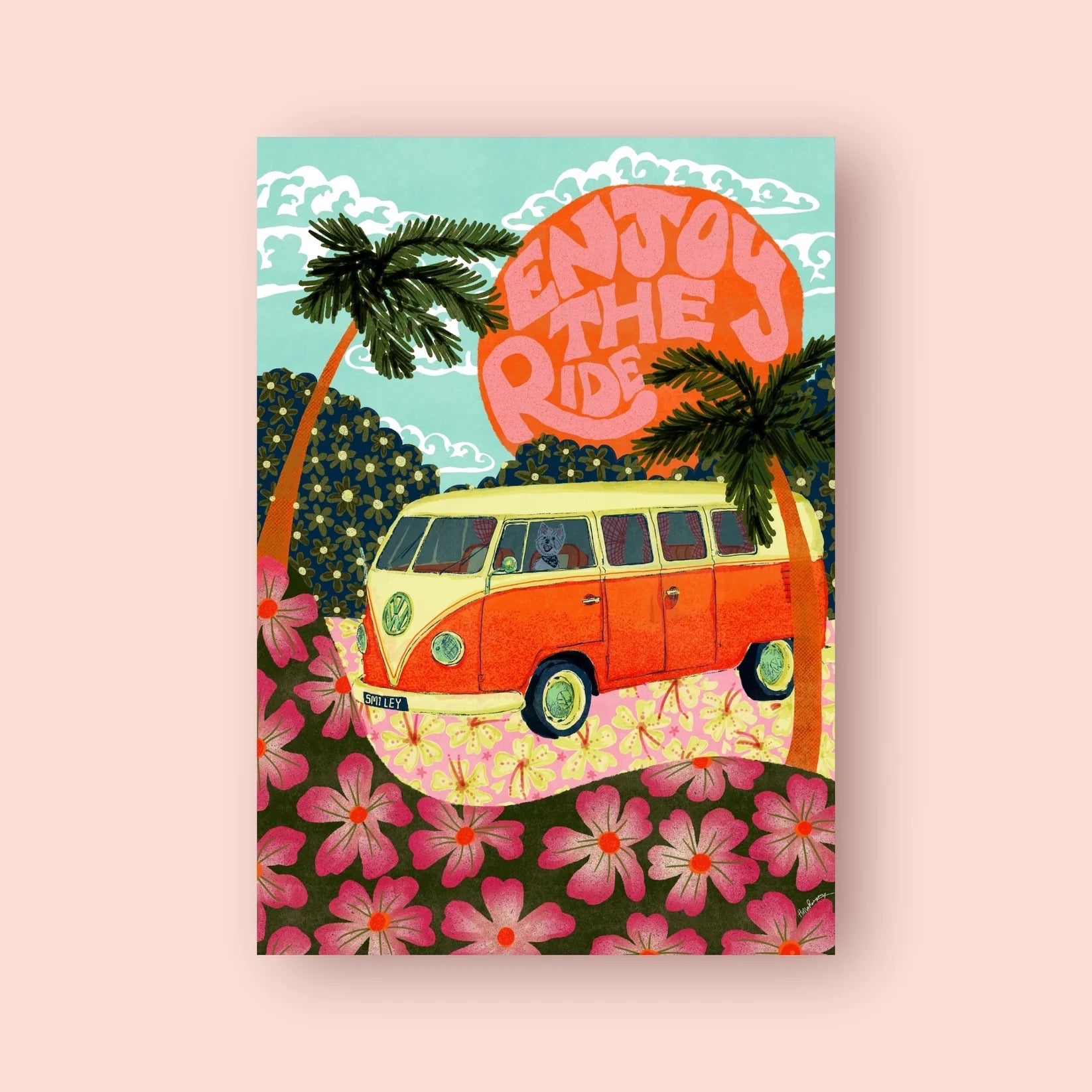 Poster with a vintage van, palm trees, and 'Enjoy the Ride' text on a floral background.