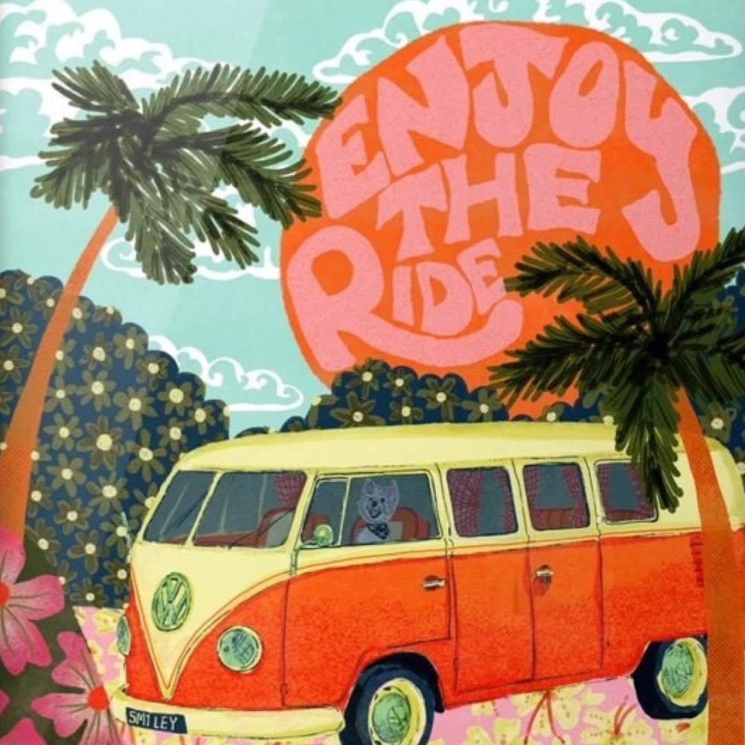 Print featuring an illustration of a vintage VW cream and orange campervan surrounded by hills and palm trees.