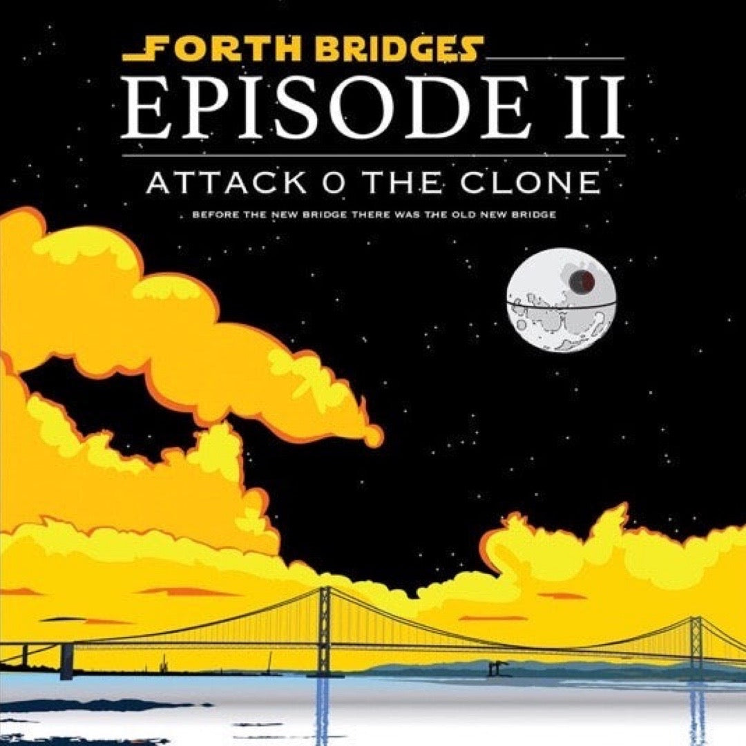 This print features a movie poster design of the Forth Road Bridge in South Queensferry near Edinburgh.