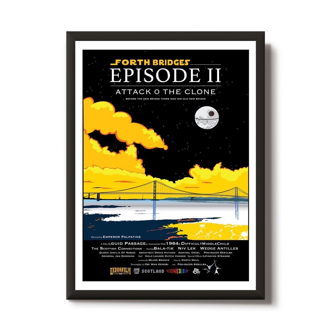 This print features a movie poster design of the Forth Road Bridge in South Queensferry near Edinburgh.
