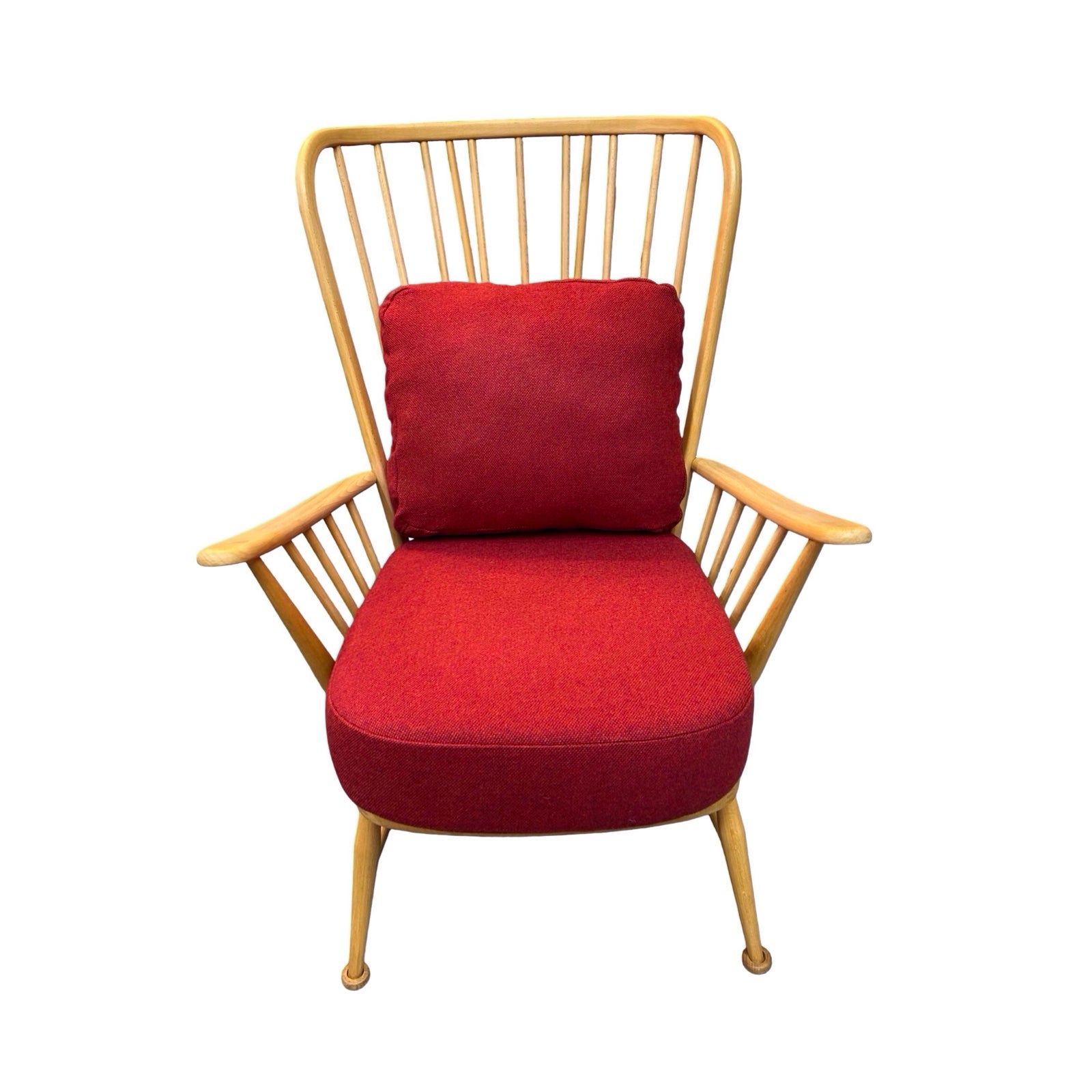 Upcycled Ercol armchair with high back and red tweed seat cushions.