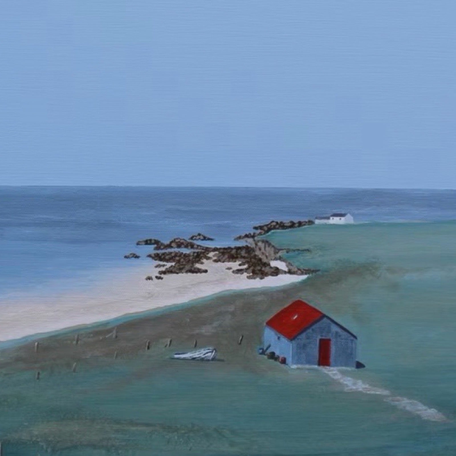 A coastal landscape painting showing a small blue-gray cabin with a red roof on a sandy shore, with rocks, blue water, and a pale sky.