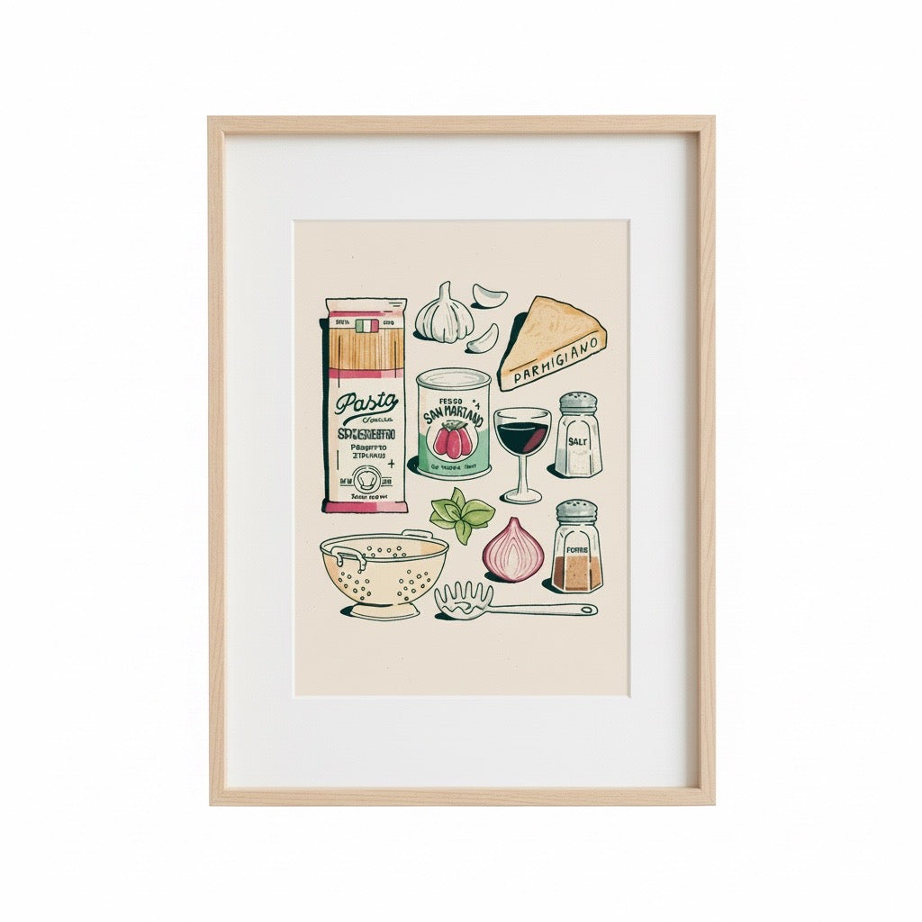 This art print features illustrations of the ingredients to make a delicious spaghetti. 