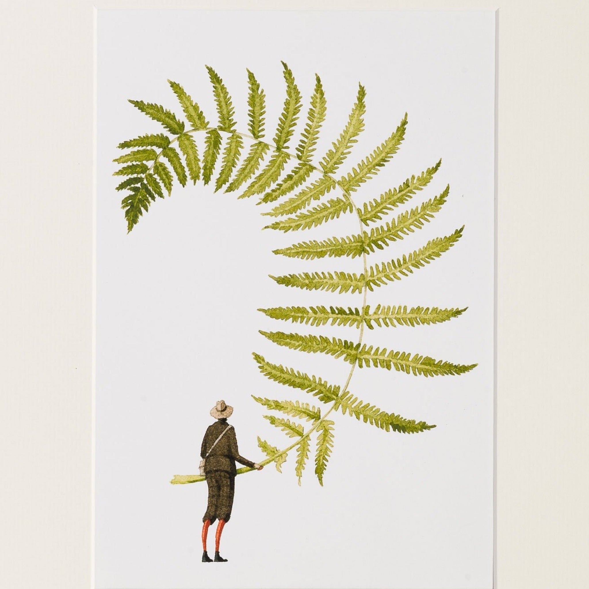 Illustration of a person holding a large green fern leaf on a white background.