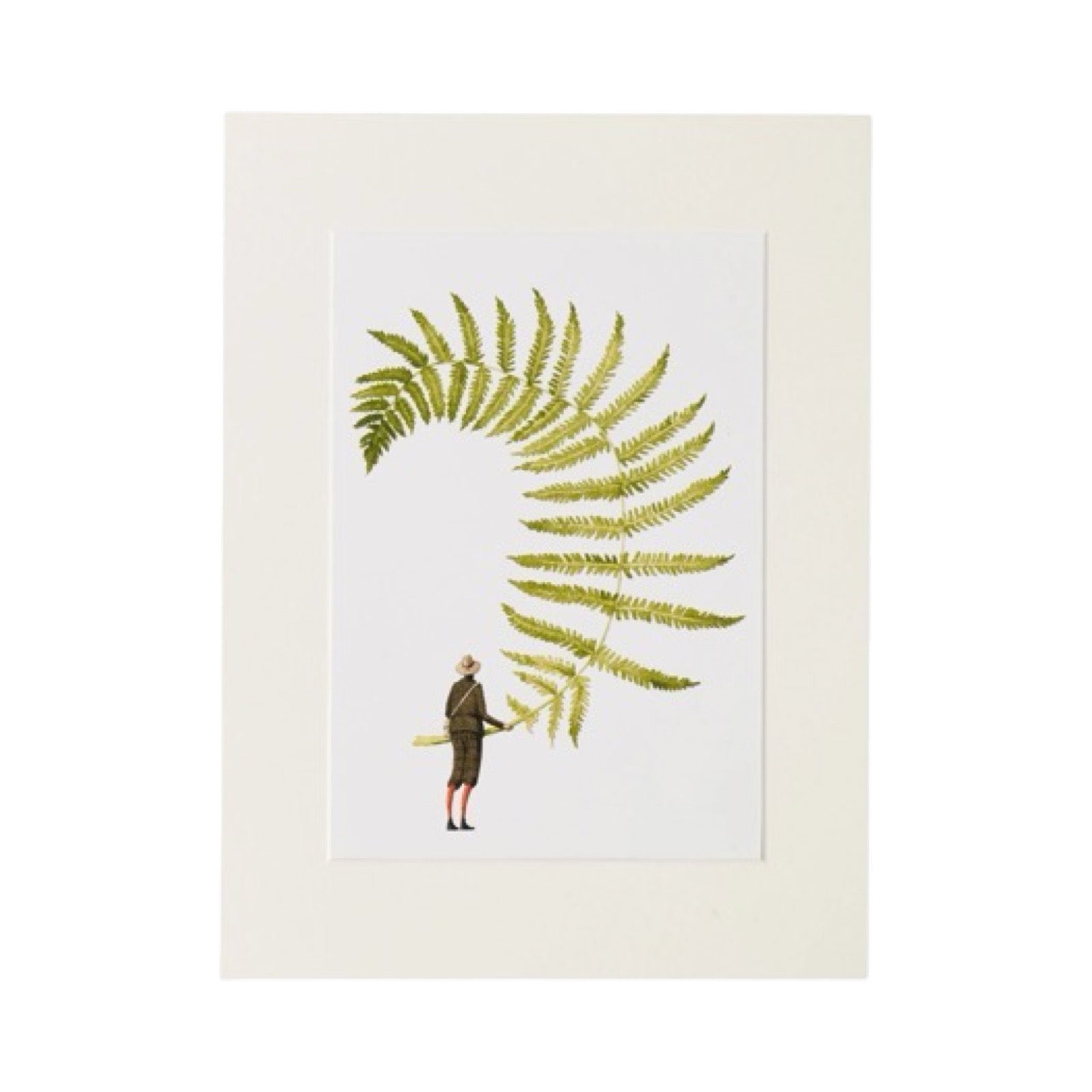 A print of a beautiful giant fern being held by a fabulously dressed gentleman.