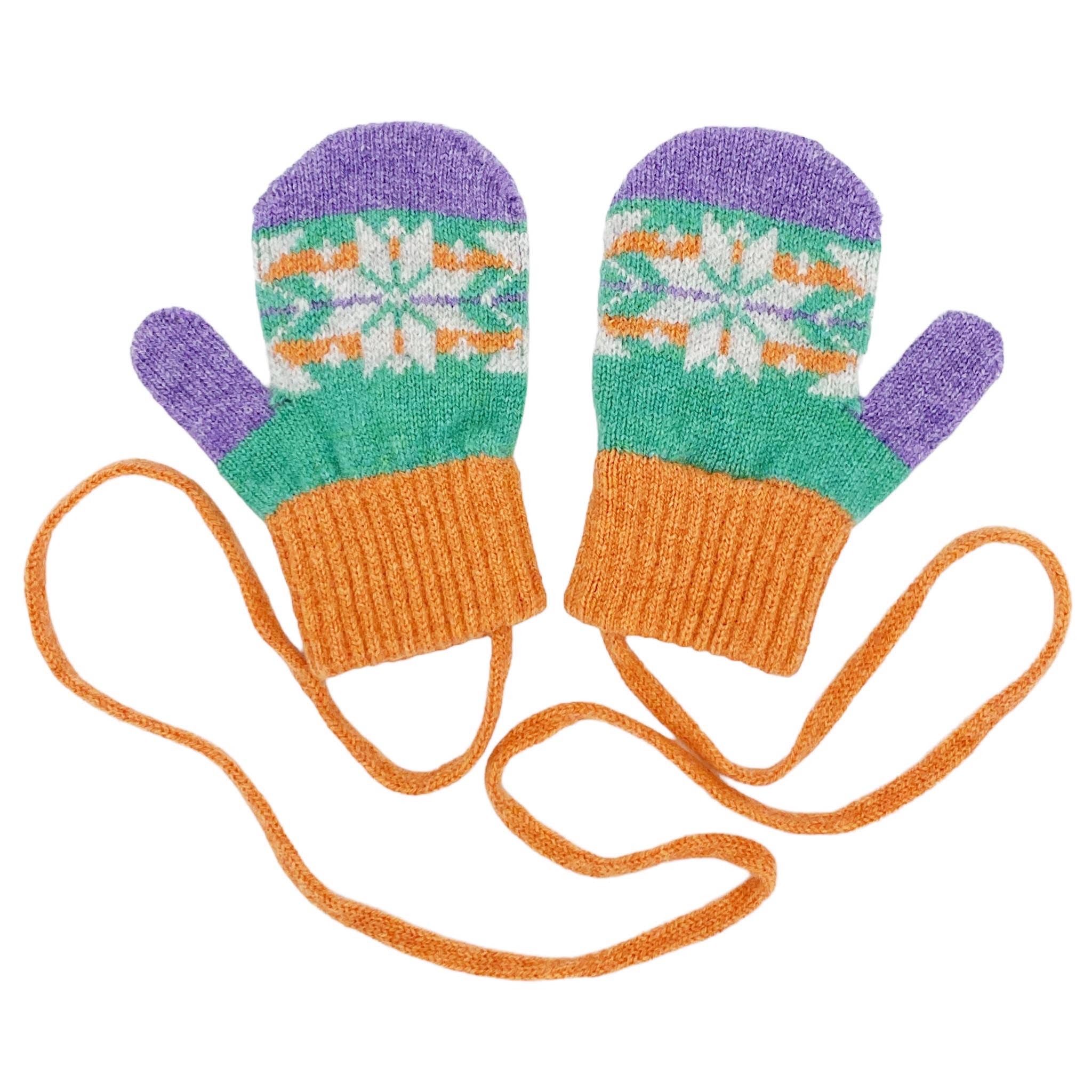 Pair of colourful mittens with a patterned top and orange cuffs on a white background.
