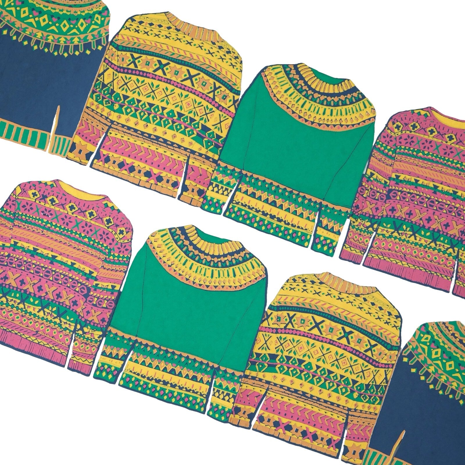 This Fairisle sweater concertina garland features 4 repeated pink, yellow, green and navy patterned sweaters,