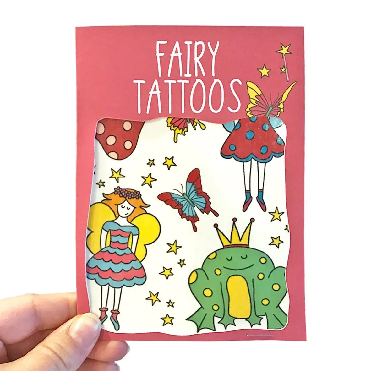 Pink pack of fairy tattoos with illustrations on a white background.