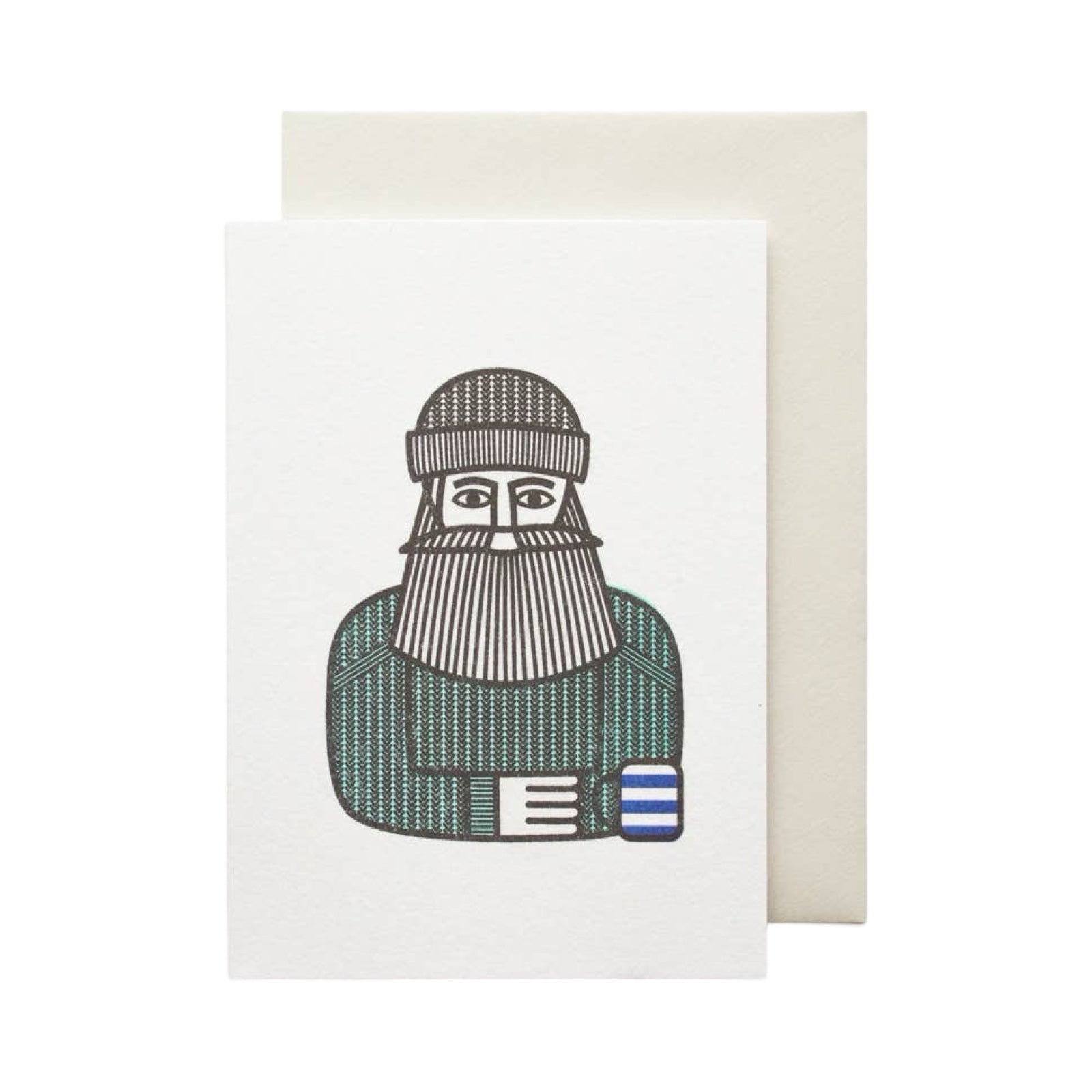 This mini card features a bearded man in a woolly hat and green jumper holding a cup of tea in a blue and white striped mug