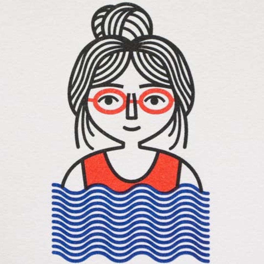 Greeting card with a design of a person wearing glasses and a swimsuit, standing in water.