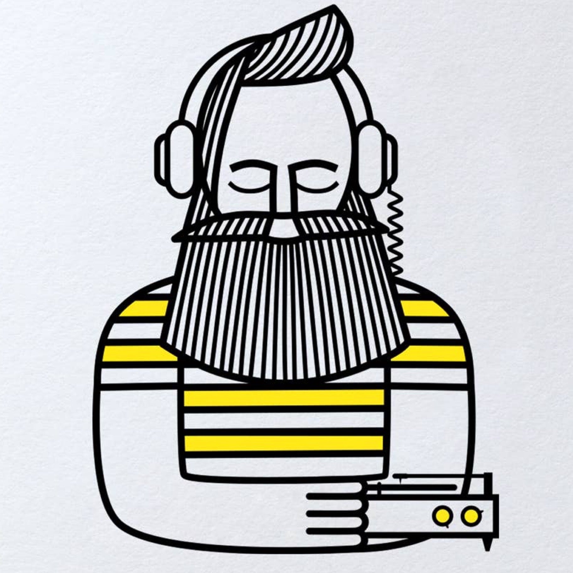 Greeting card with a stylised illustration of a person wearing headphones and a striped shirt on a white background.
