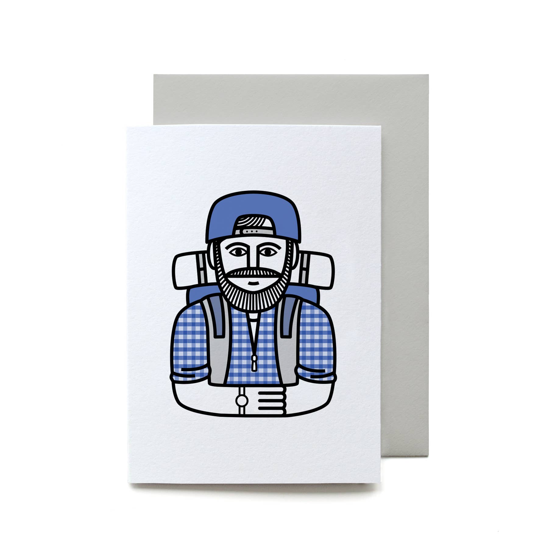 Greeting card with a design of a person wearing a blue cap, plaid shirt, and backpack on a white background.
