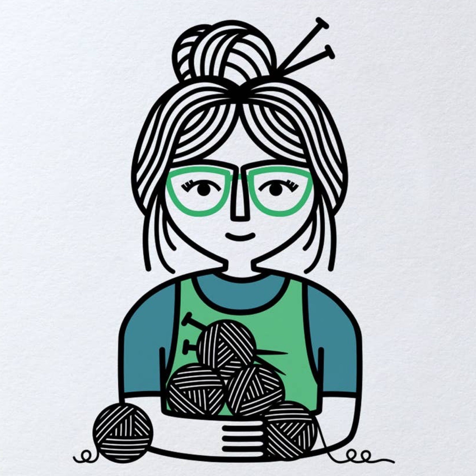 Greeting card with a illustration of a person holding yarn and knitting needles on a white background.