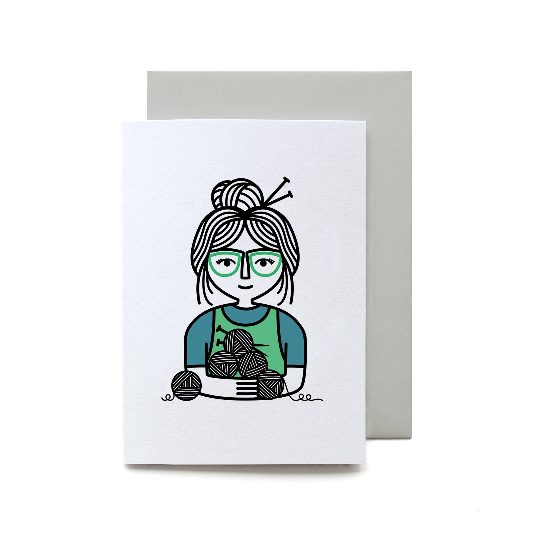 Greeting card with a illustration of a person holding yarn and knitting needles on a white background.