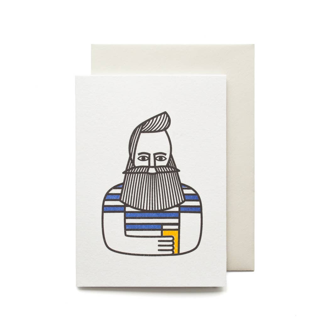 Card featuring a bearded man in a blue and white striped t-shirt holding a can of beer.