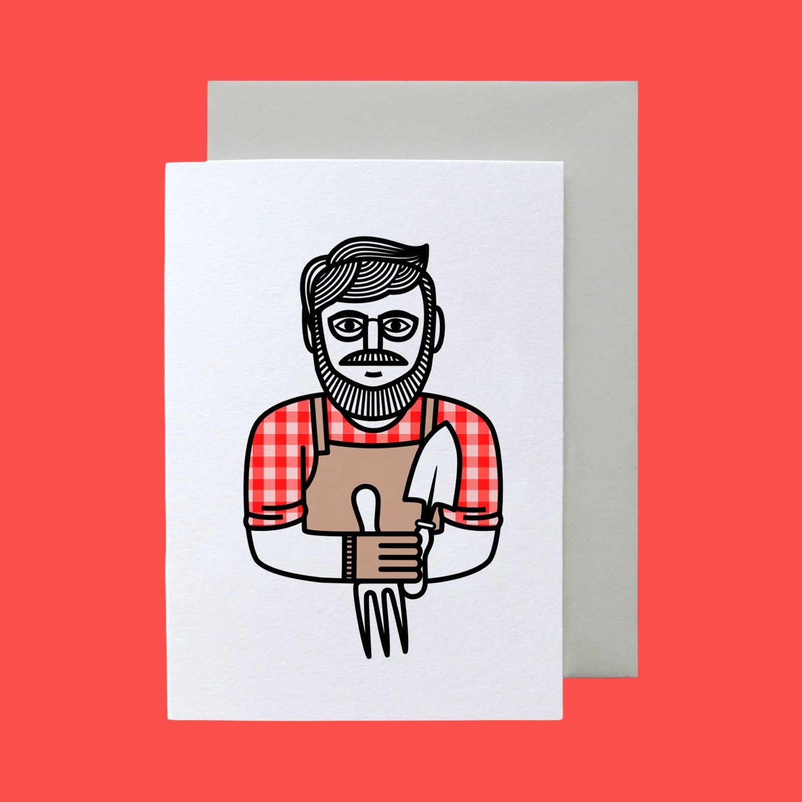 Greeting card with a graphic of a bearded man in a plaid shirt, apron and gardening tools on a red background.