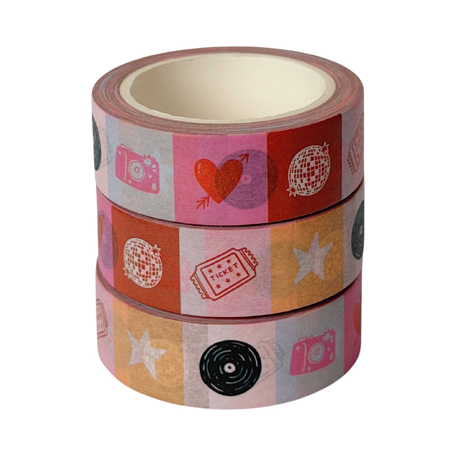 Three rolls of decorative washi tape stacked vertically, featuring retro-themed patterns including cameras, hearts, disco balls, tickets, stars, and vinyl records in pink, red, orange, and beige tones.
