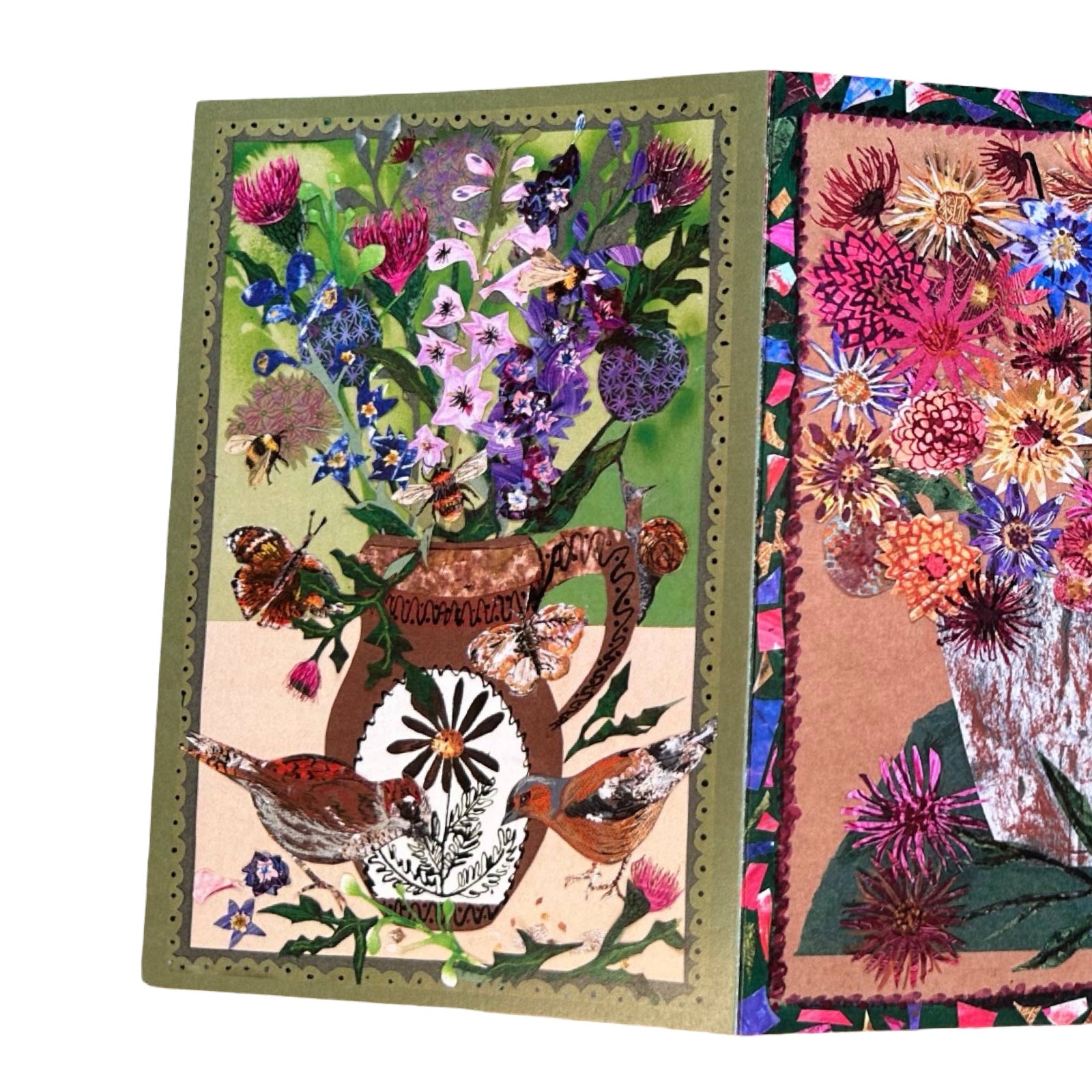 Floral and nature-themed fabric panels with intricate designs on a white background.