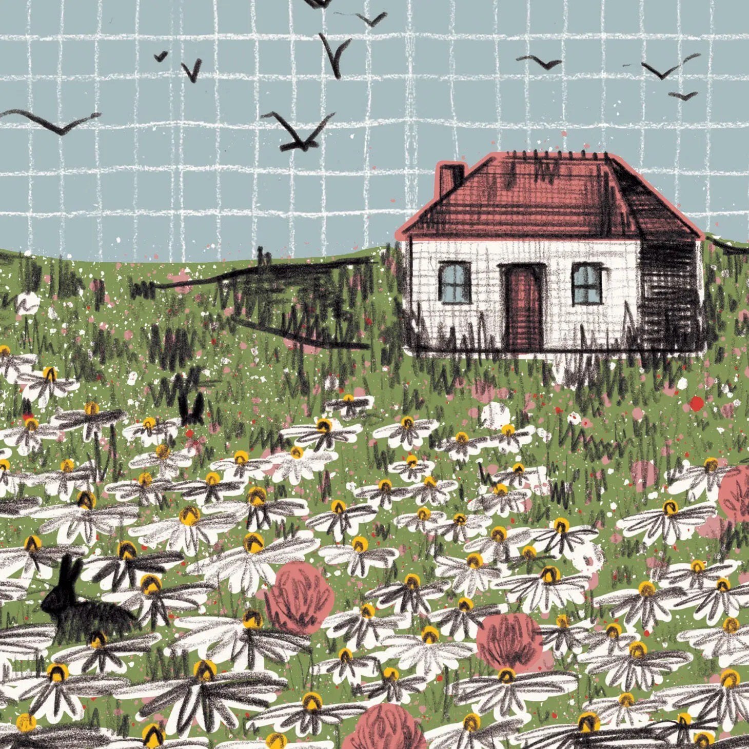 A calming print of a farmhouse in the meadow with daisies and rabbits in the foreground and birds circling overhead