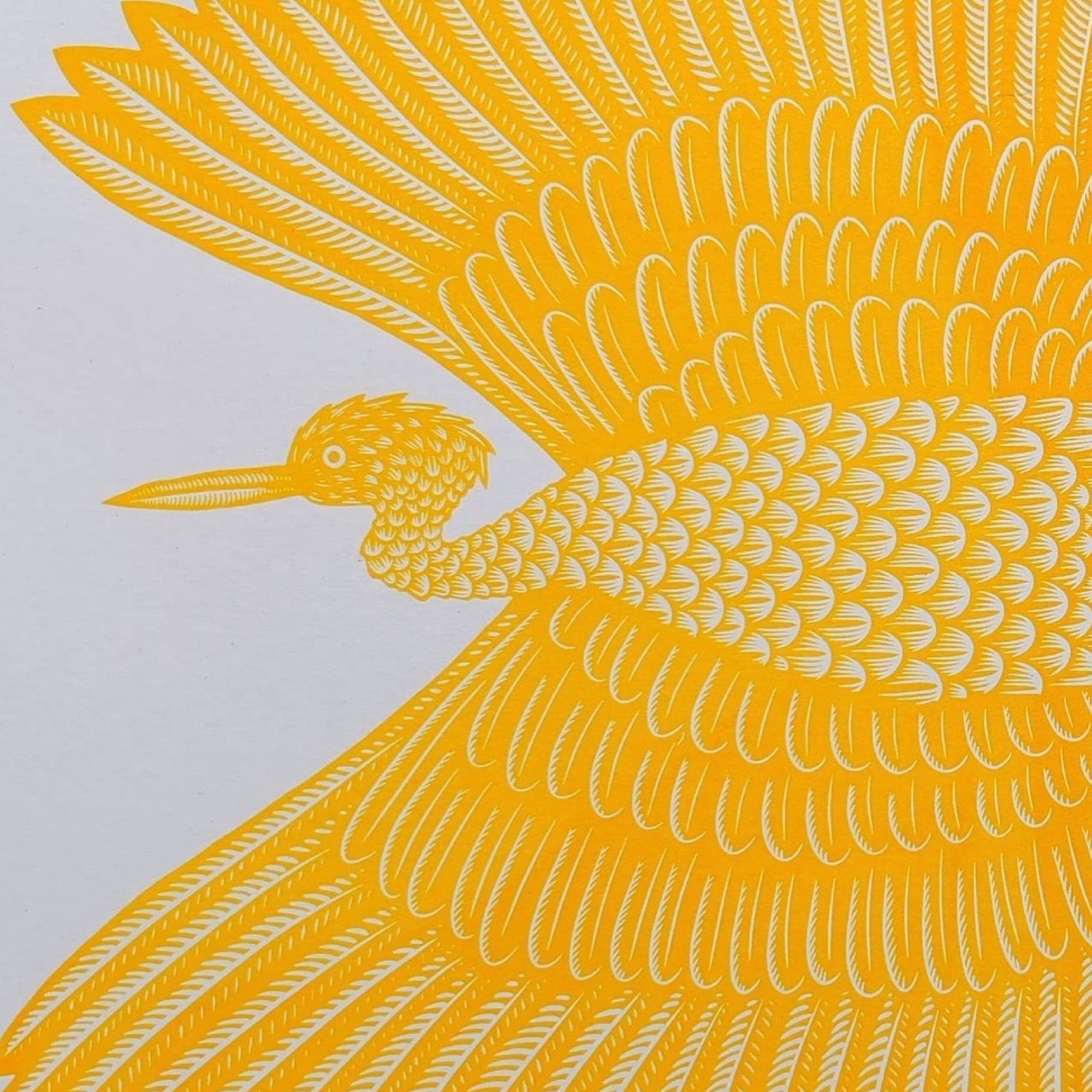 A risograph print featuring a giant yellow flying bird with pink socks on its feet.