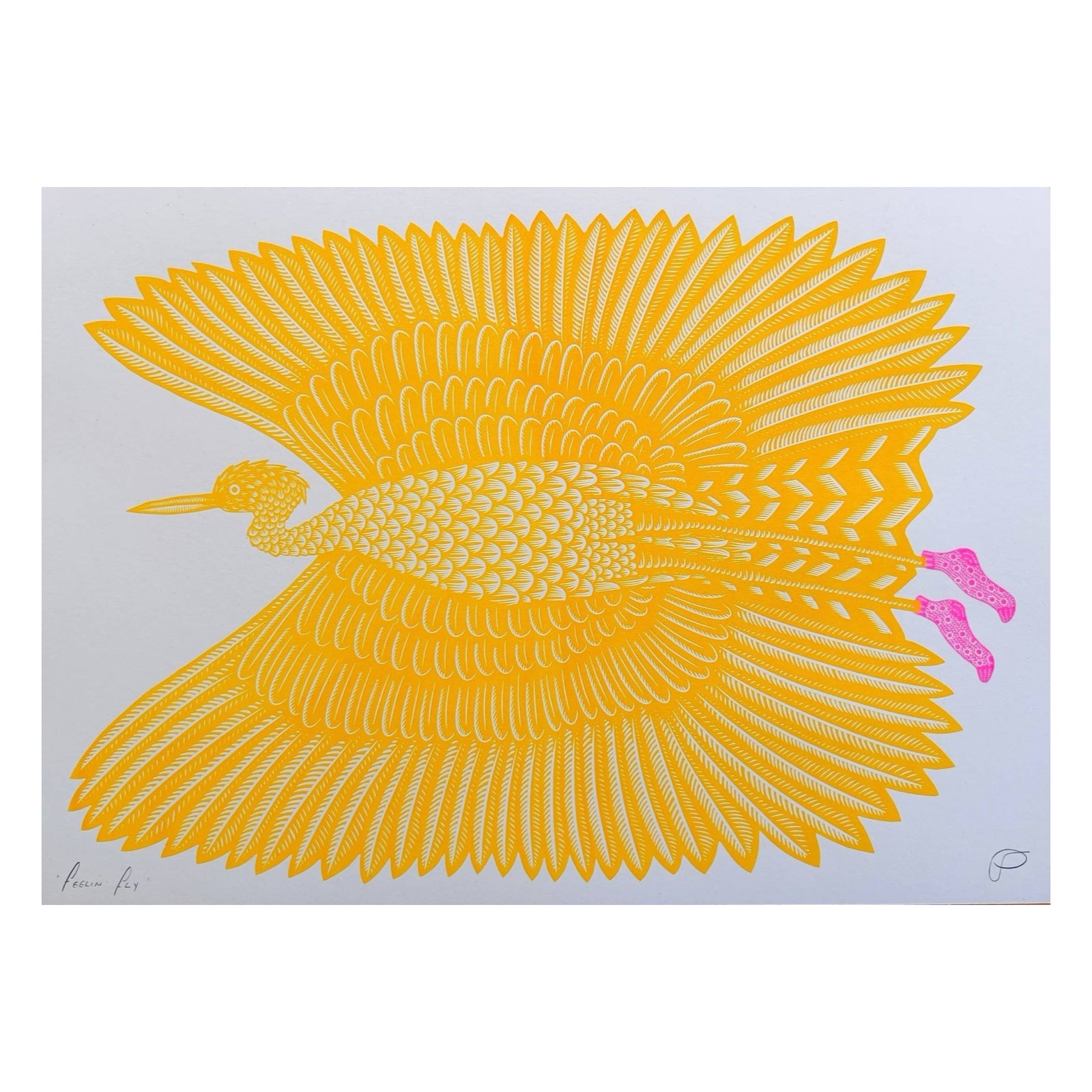 A risograph print featuring a giant yellow flying bird with pink socks on its feet.