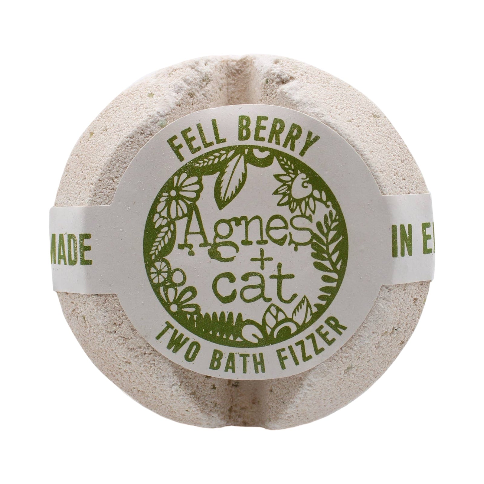 A circular shaped white fell berry scented bath fizzer.