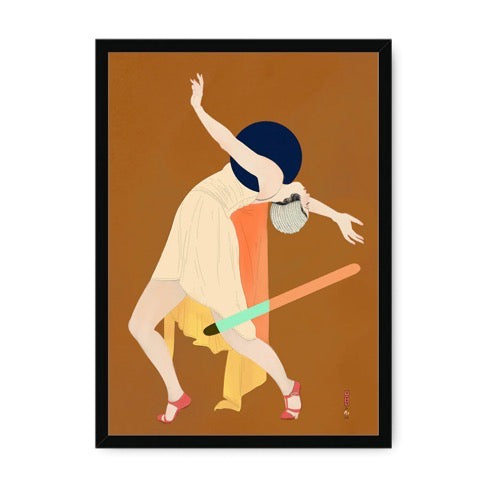 Dancer print featuring a female contemporary dancer in a white dress and red high heels striking a dramatic pose.