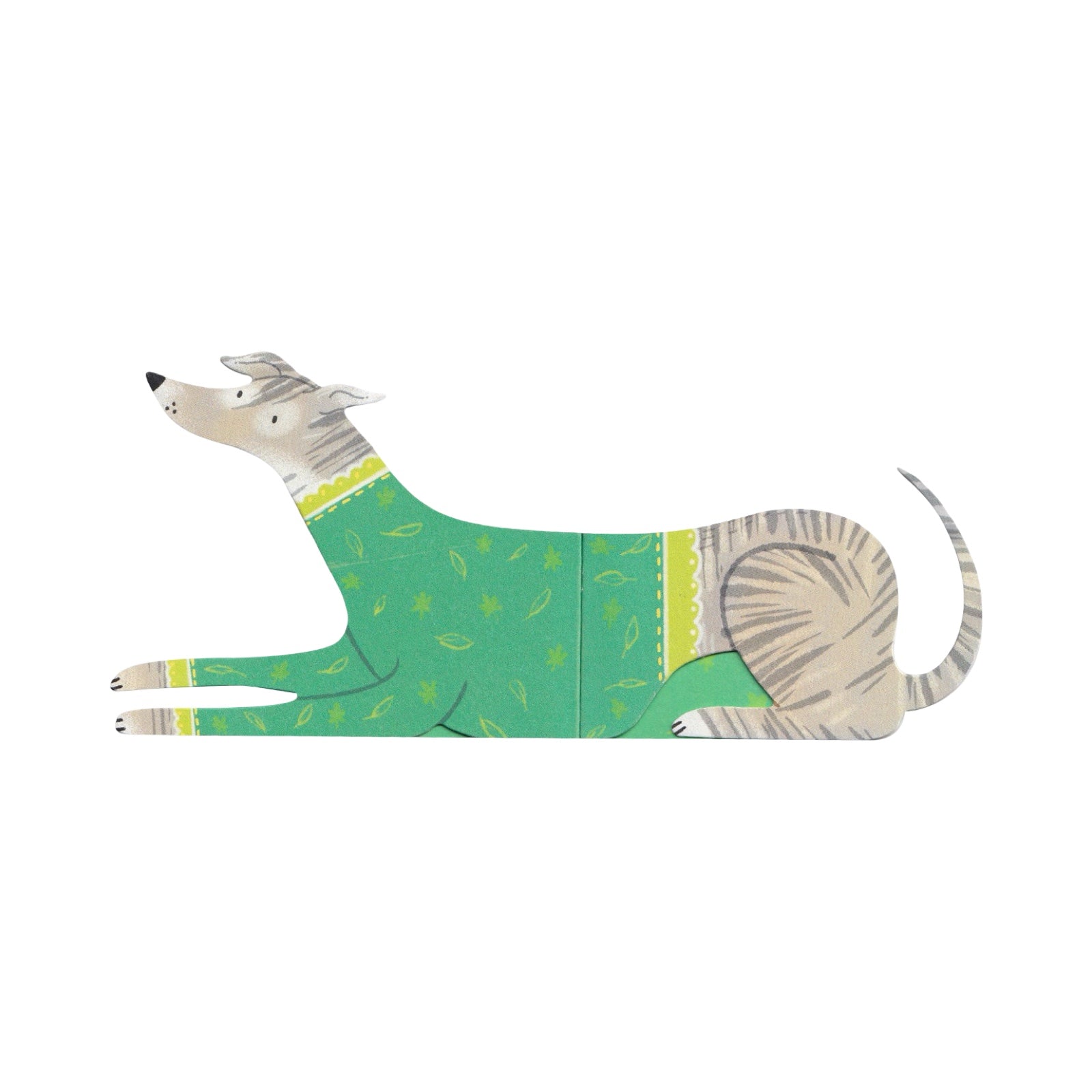 This dog-shaped card opens out to reveal a ridiculously long dog! 'Fern' is wearing a green jumper with lime green cuffs. 
