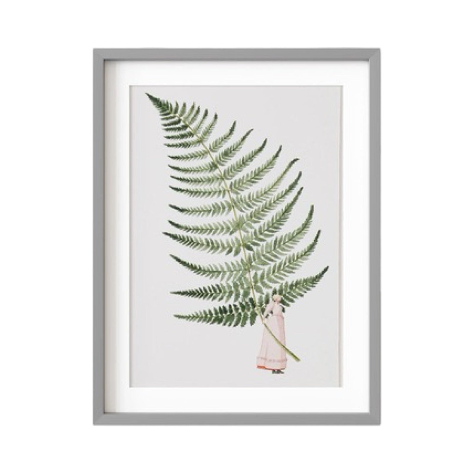 A print of a giant fern leaf being held by a lady dressed in a long flowing pale pink dress.
