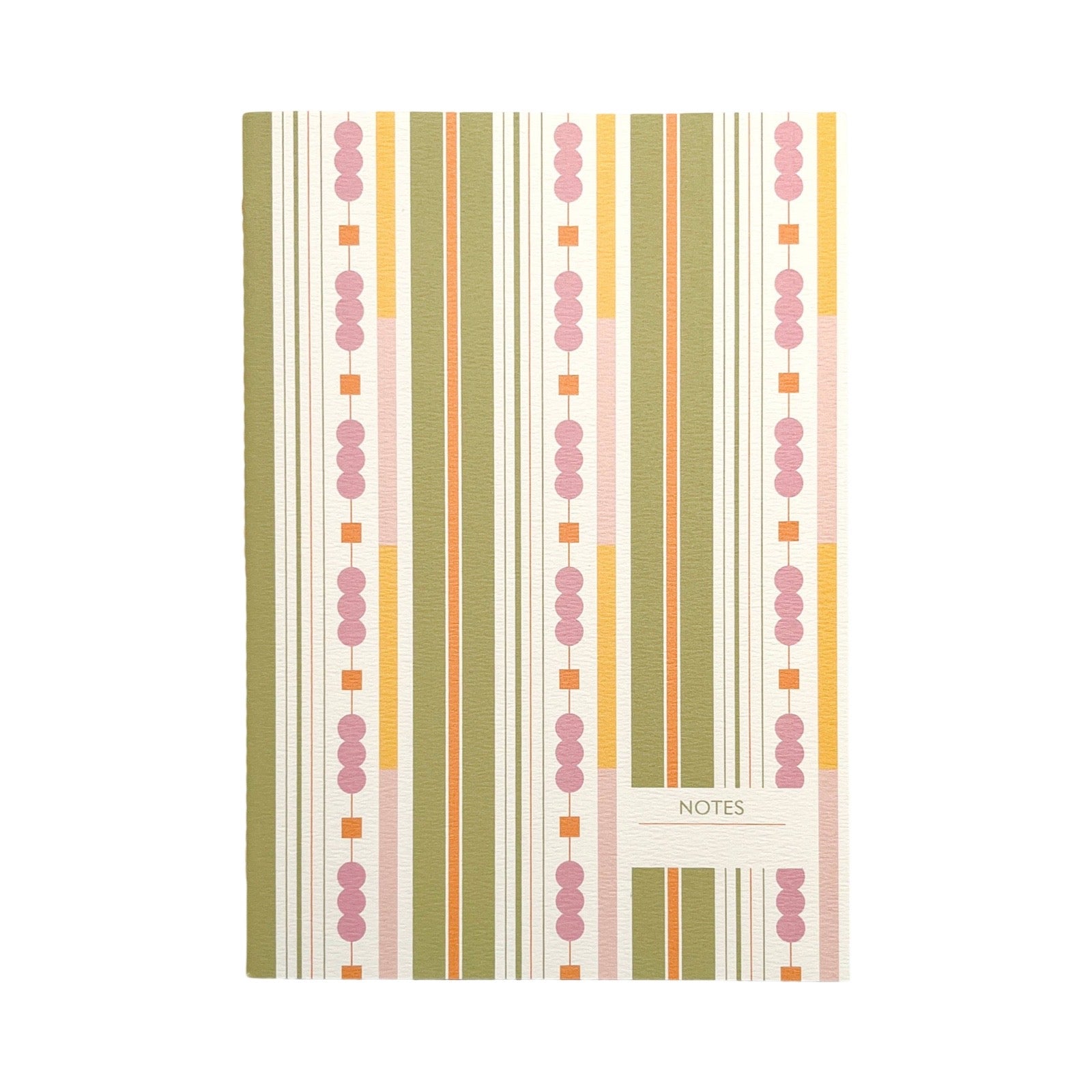A notebook with a vertical striped cover featuring sage green, mustard yellow, pink, and white patterns, with a small white label at the bottom right that reads 'NOTES'.