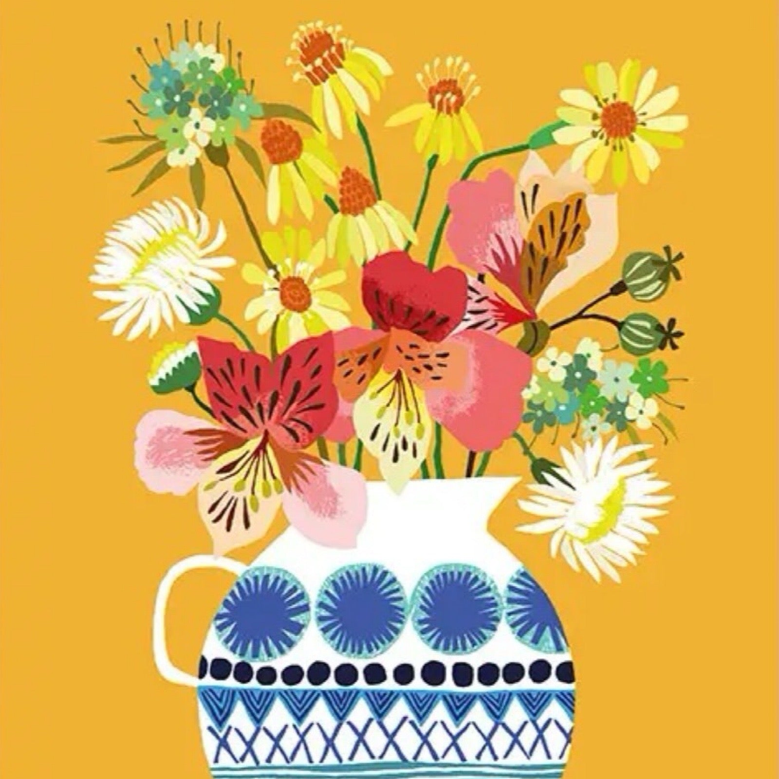 Print of a bunch of colourful summer blooms in a blue and white patterned vase, all on a yellow background.