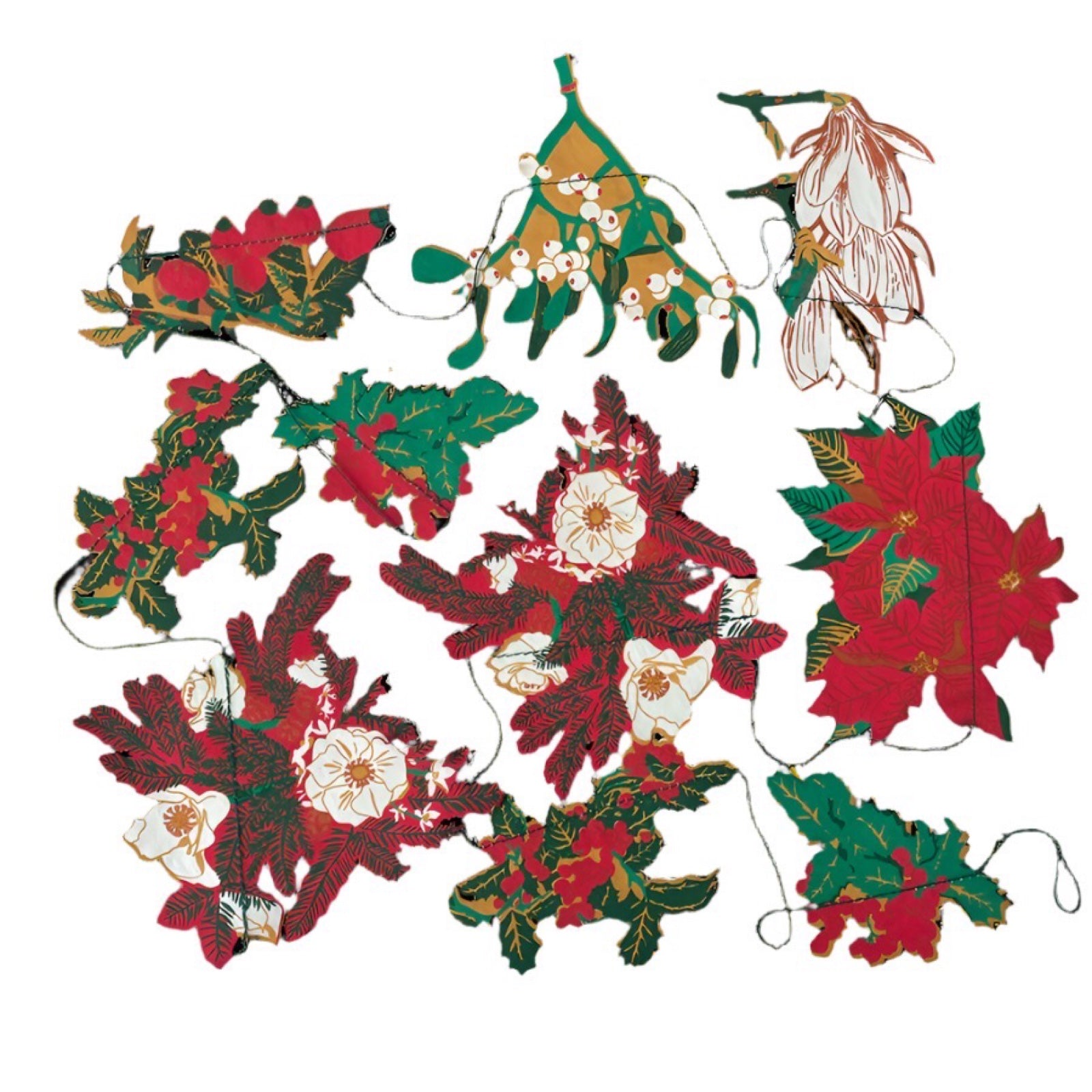 Festive plant garland features ten screen-printed plants including holly, red berries, mistletoe, ivy and poinsettias in shades of green, red and gold.