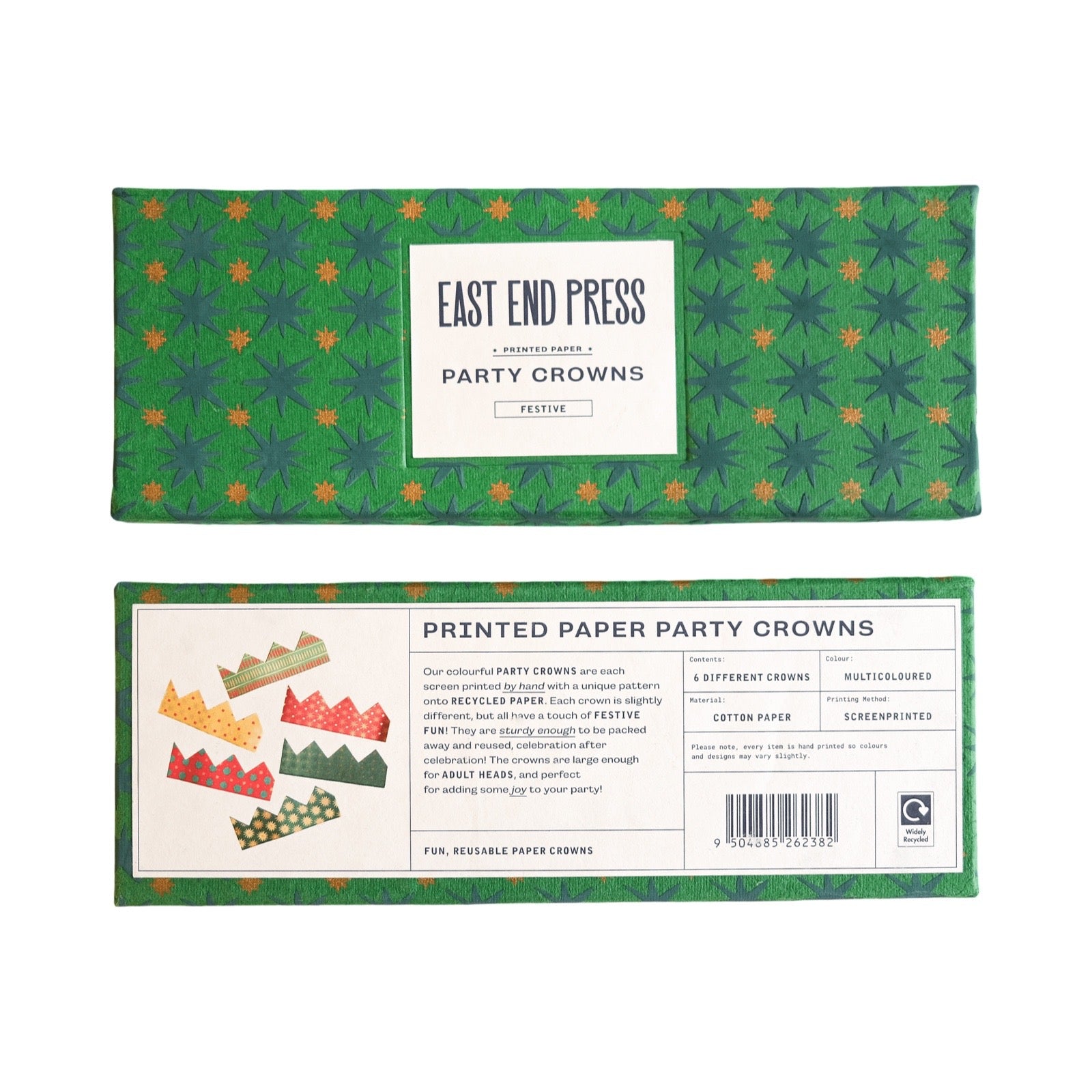 Top and bottom views of the packaging for 'East End Press' Party Crowns printed paper party crowns, featuring a green patterned top view and a white informational bottom view.