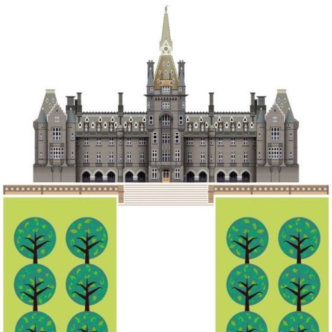 Illustration of a large building with a spire, followed by two green gardens and trees.