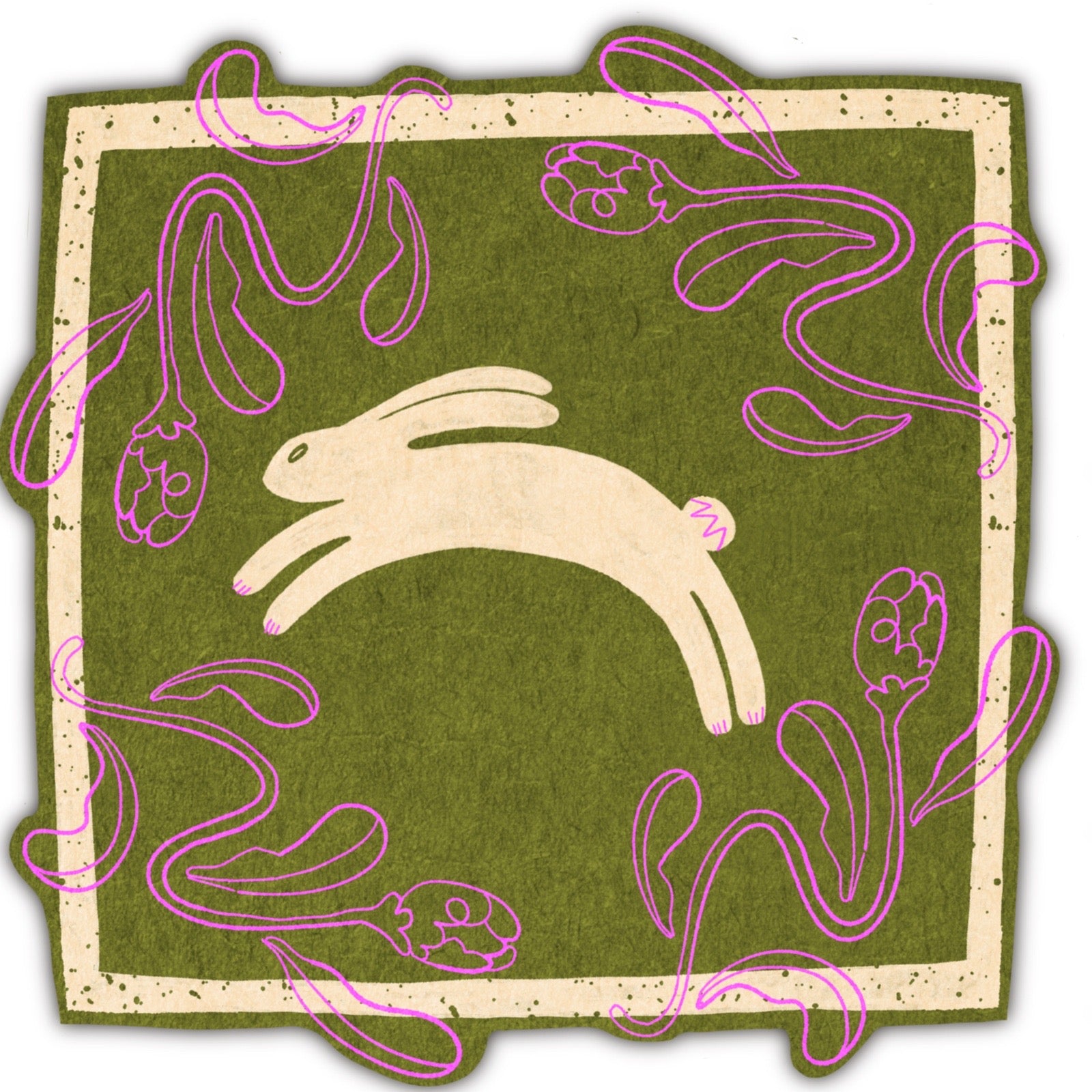 Decorative sticker with a white rabbit illustration on a green background.