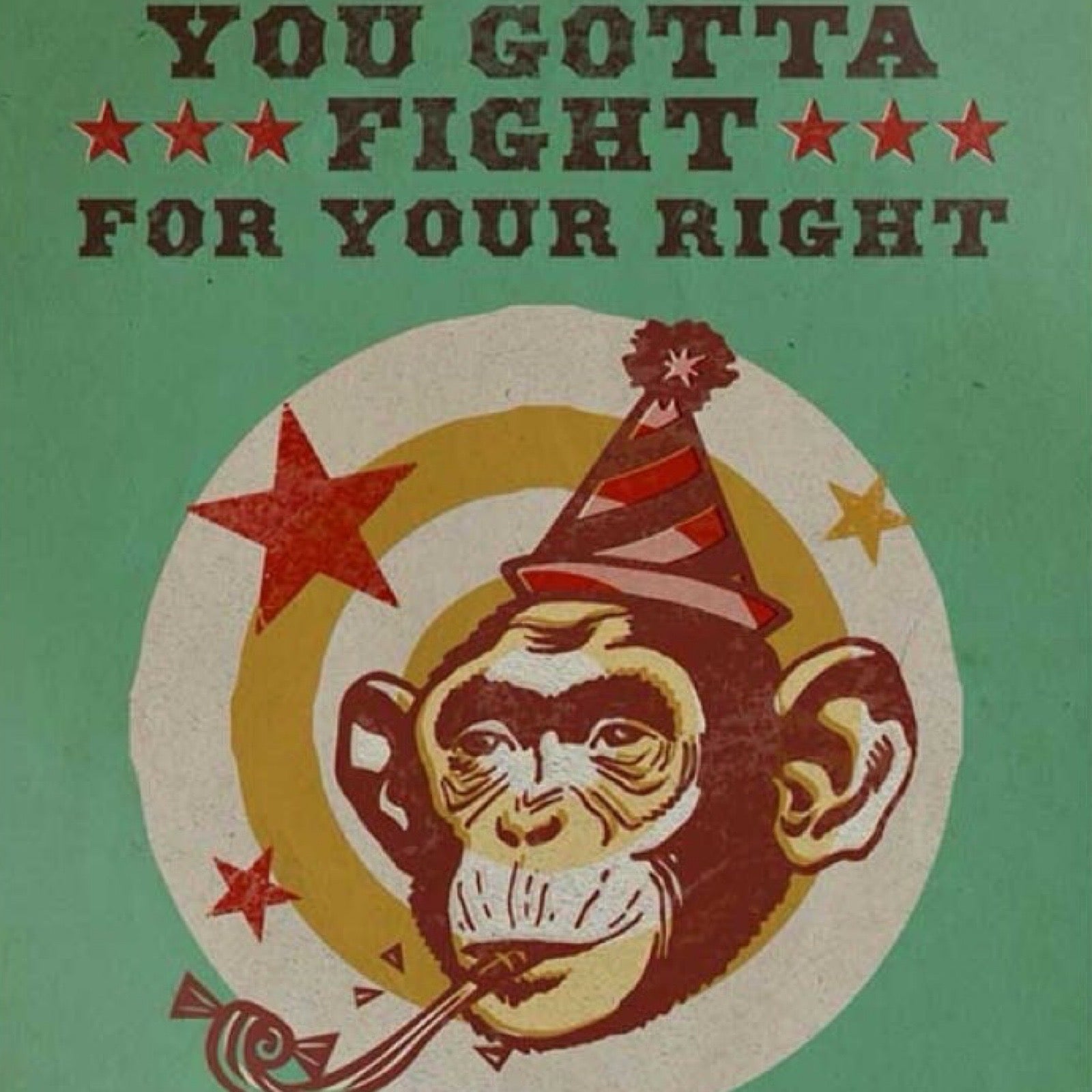 Vintage-style poster with a monkey wearing a party hat and text 'You Gotta Fight For Your Right' on a green background.