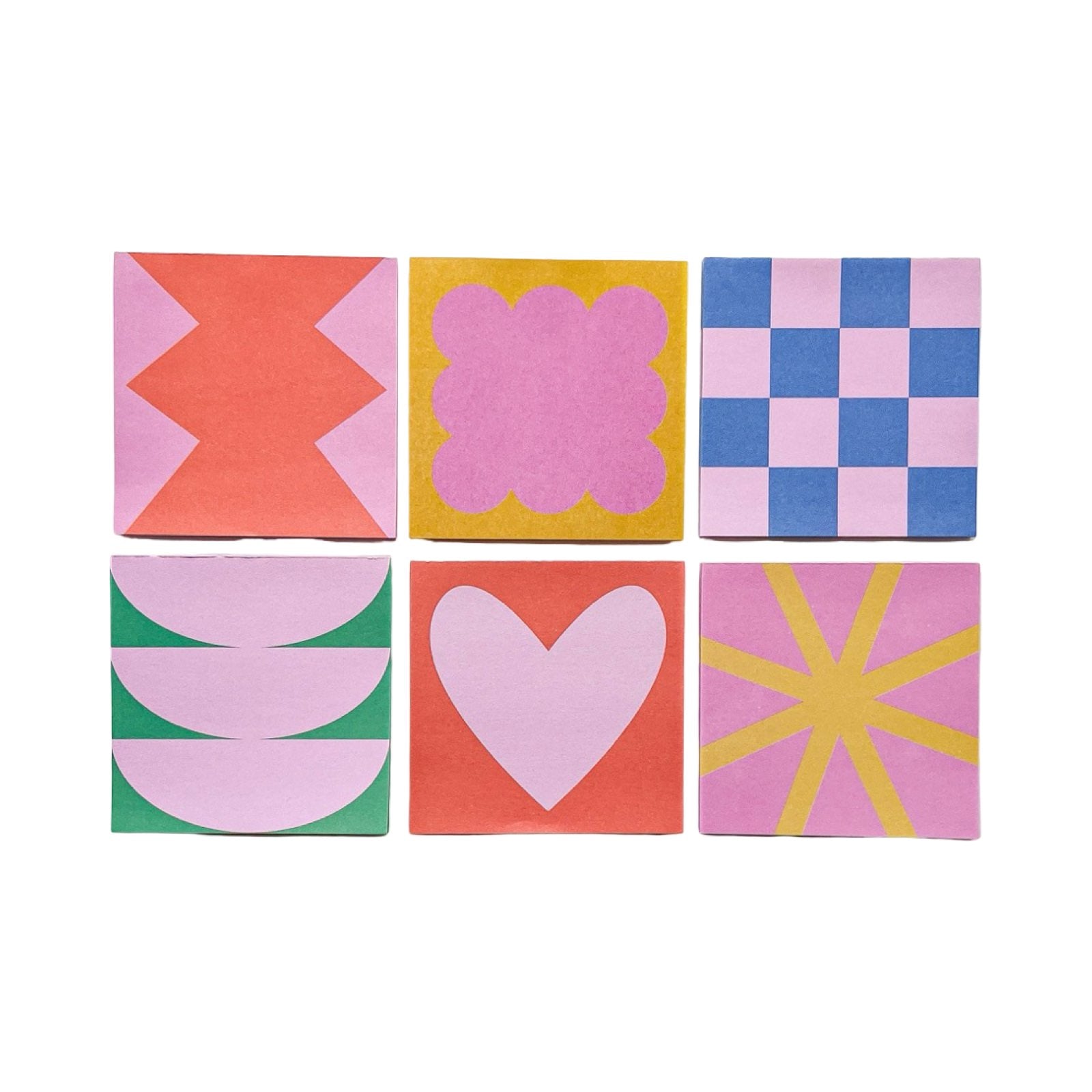 Set of six colorful square tiles with geometric patterns on a white background.