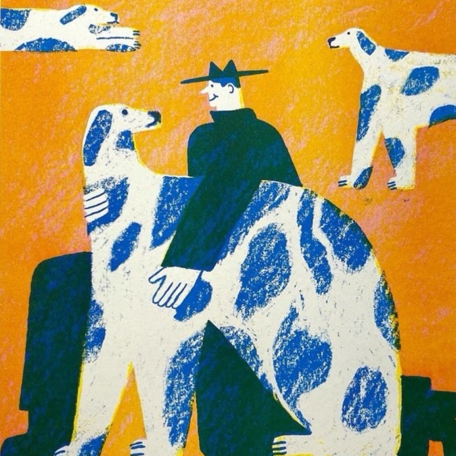 Risograph print of a man in a black suit stroking a blue and white dog against an orange background and the text 'Find a Dog and Stroke It'.