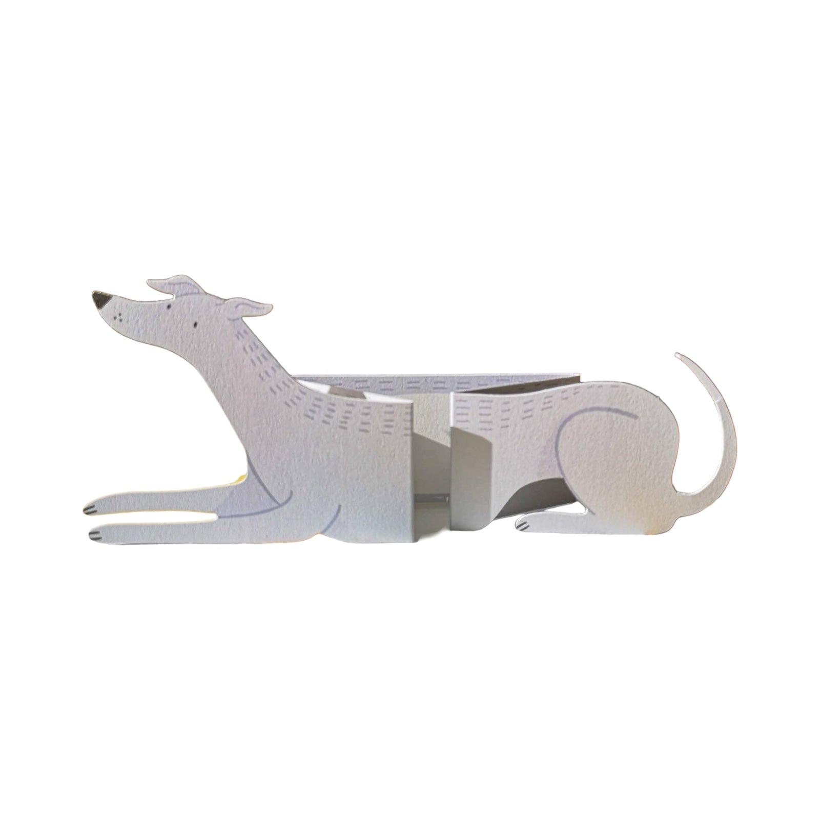 This dog-shaped card opens out to reveal a ridiculously long dog! 'Finn' is a light grey dog. 