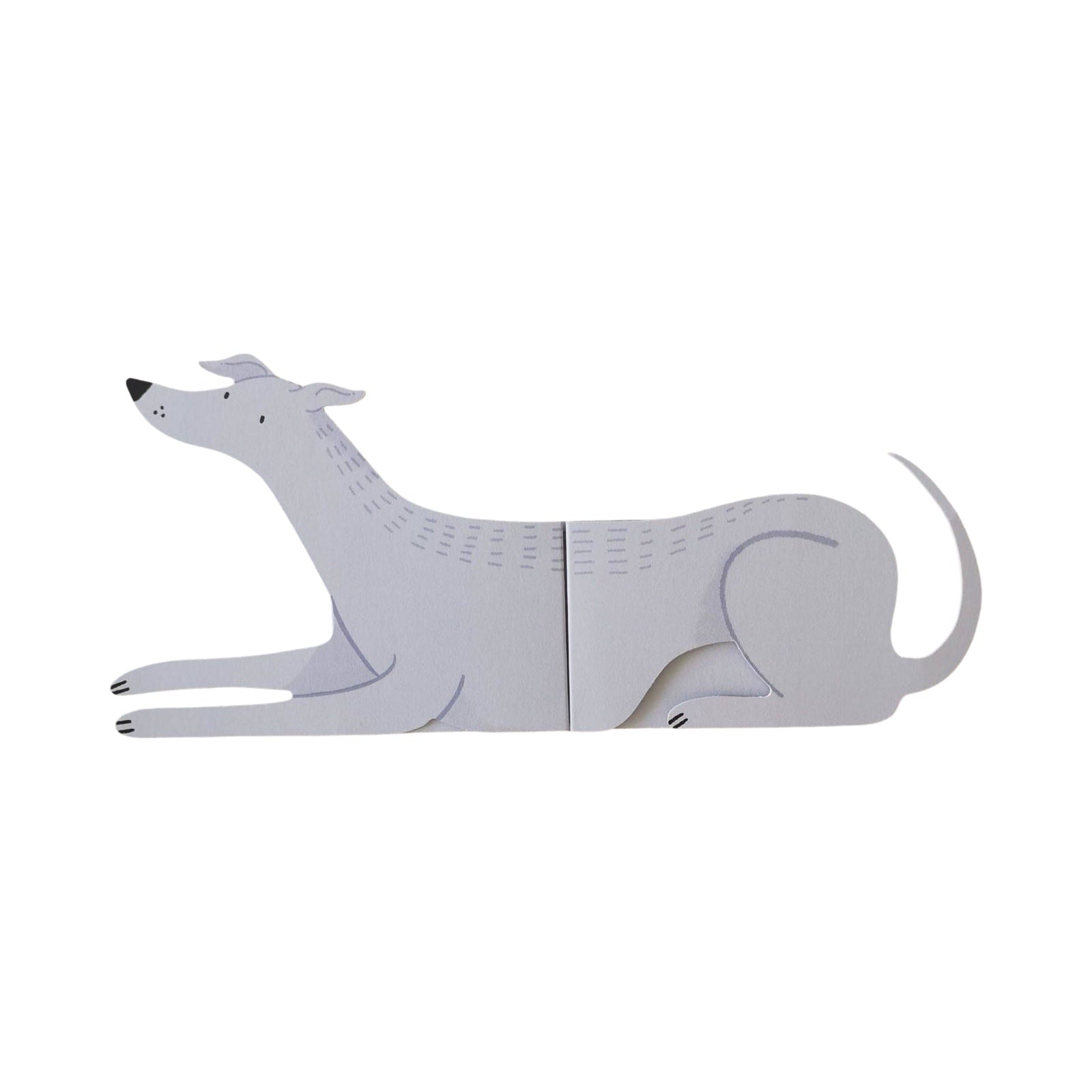 This dog-shaped card opens out to reveal a ridiculously long dog! 'Finn' is a light grey dog. 